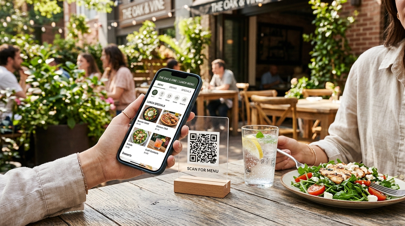 Customer scanning a table-tent Dynamic QR menu
